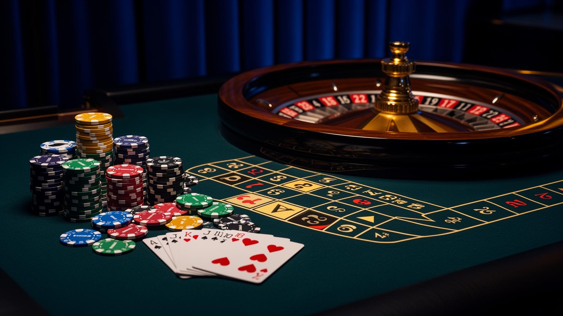 Stapels casino chips op een groen vilten tafel